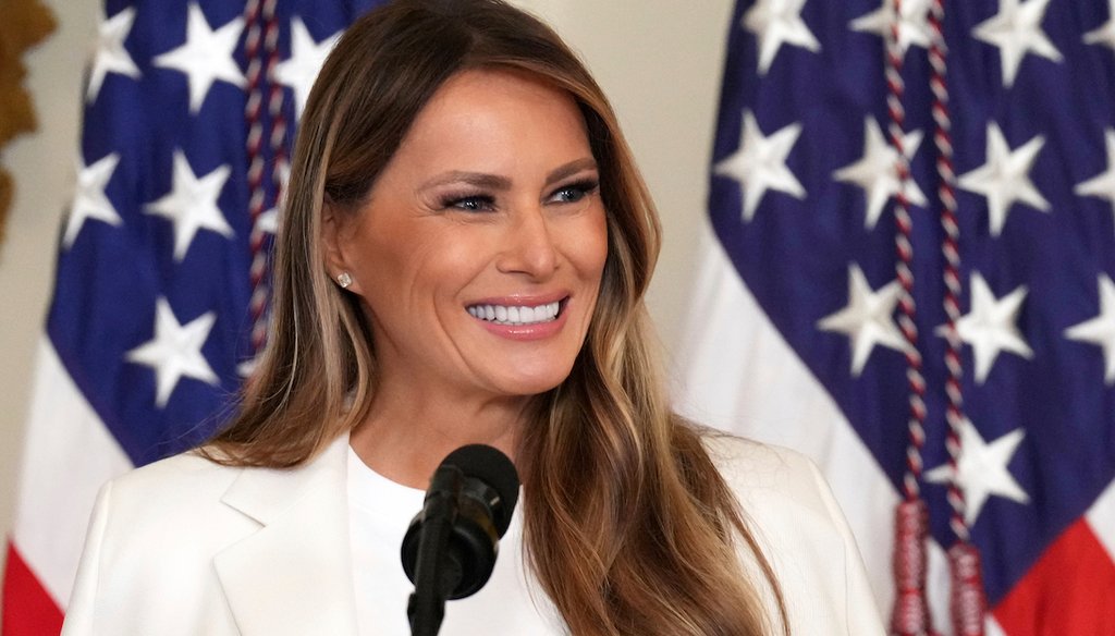 First lady Melania Trump speaks during an event unveiling a U.S. Postal Service Stamp honoring former first lady Barbara Bush, May 8, 2025, in the East Room of the White House in Washington. (AP)