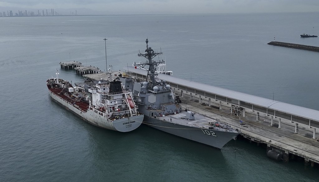 The U.S. Navy warship USS Sampson docks at a port in Panama City, Aug. 30, 2025. (AP)