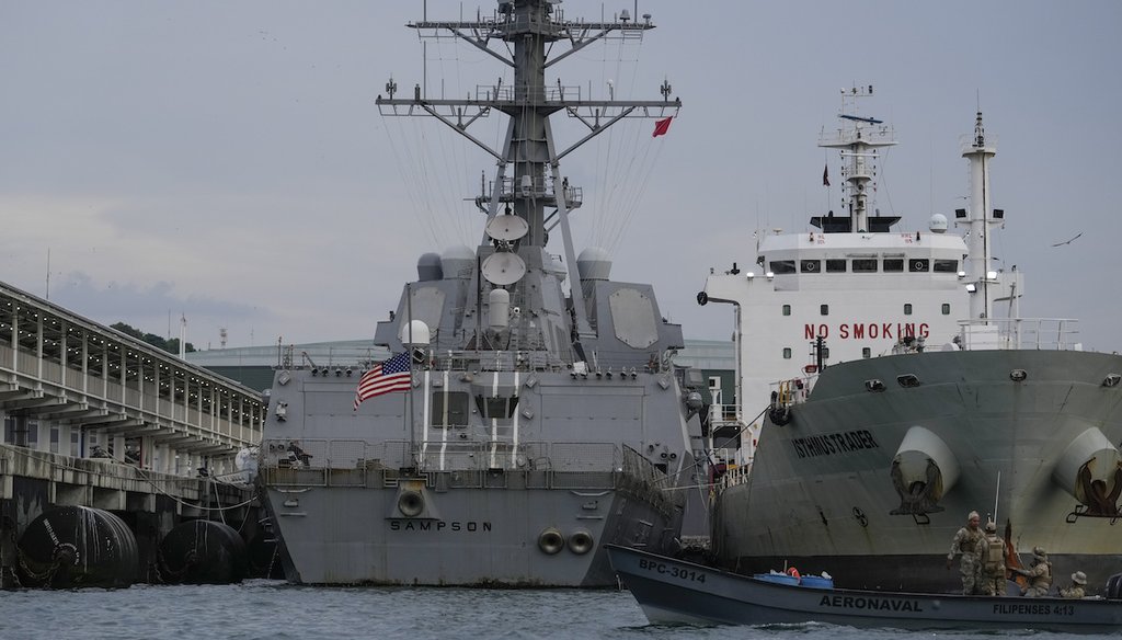 The U.S. Navy warship USS Sampson docks at a port in Panama City, Aug. 30, 2025. (AP)