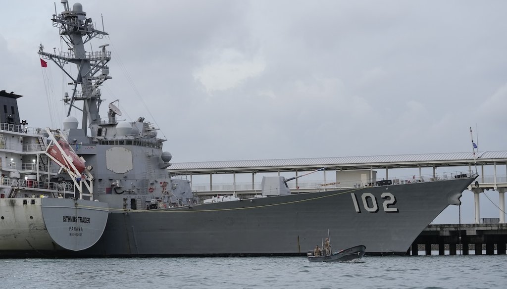 The U.S. Navy warship USS Sampson docks at a port in Panama City, Aug. 30, 2025. (AP)