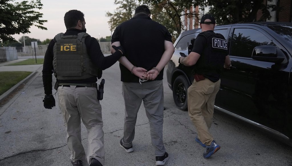 U.S. Immigration and Customs Enforcement agents make an arrest during an early morning operation in Park Ridge, Ill., Sept. 19, 2025. (AP)