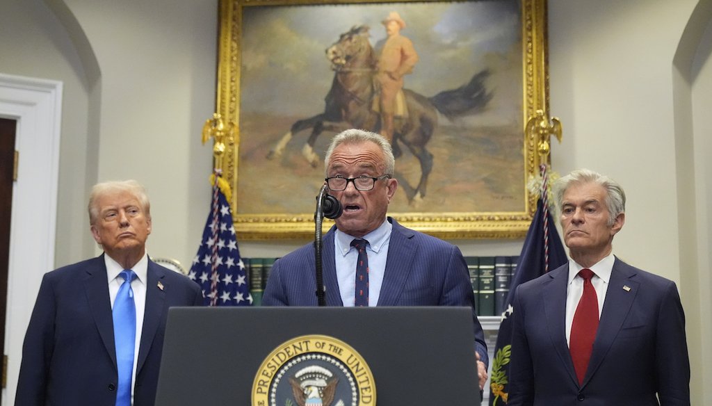 President Donald Trump and Centers for Medicare & Medicaid Services administrator Dr. Mehmet Oz listen as Health and Human Services Secretary Robert F. Kennedy Jr. speaks in the White House,  Sept. 22, 2025, in Washington. (AP)