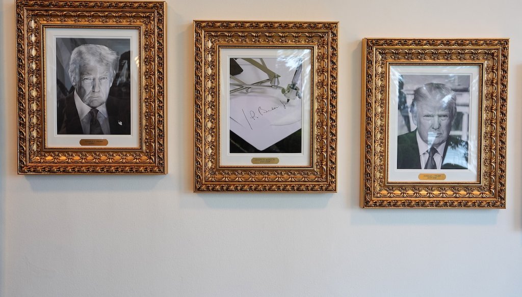 Framed images of President Donald Trump flank one of former President Joe Biden's autopen on the colonnade of the White House on, Sept. 25, 2025. (AP)