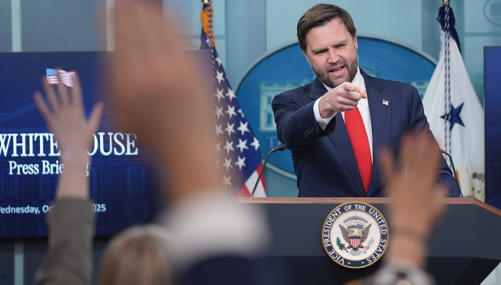 Vice President JD Vance, gestures while speaking with reporters in the James Brady Press Briefing Room at the White House, Oct. 1, 2025, in Washington. (AP)