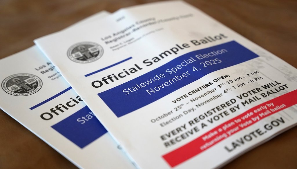 A sample ballot is pictured before early voting starts in California's statewide special election, Oct. 3, 2025, in Los Angeles. (AP)