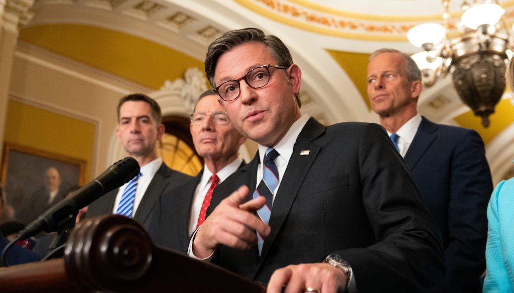 House Speaker Mike Johnson, R-La., speaks to reporters following the weekly Senate policy luncheon that he attended on Capitol Hill in Washington, Oct. 7, 2025. (AP