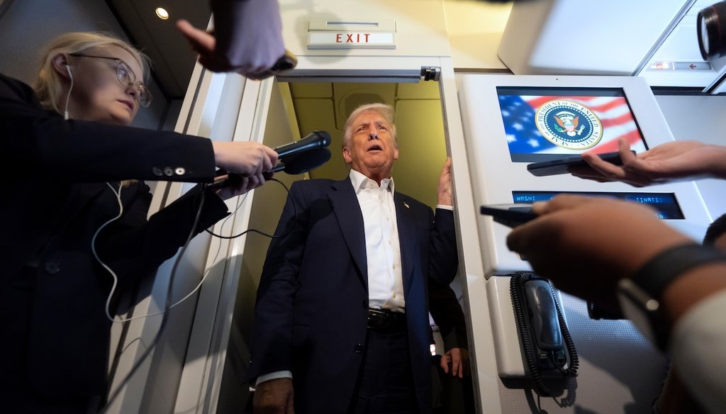 President Donald Trump speaks to reporters aboard Air Force One while traveling from Kuala Lumpur, Malaysia, to Tokyo, Japan, on Oct. 27, 2025. (AP)