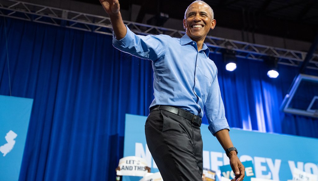 Former President Barack Obama arrives to a rally for New Jersey Democratic gubernatorial candidate Mikie Sherrill at a campaign event, Nov. 1, 2025, in Newark, N.J. (AP)