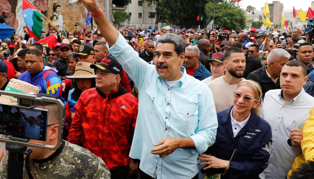 President Nicolas Maduro joins a rally marking the anniversary of the Battle of Santa Ines, which took place during Venezuela's 19th-century Federal War, in Caracas, Venezuela, Dec. 10, 2025. (AP)