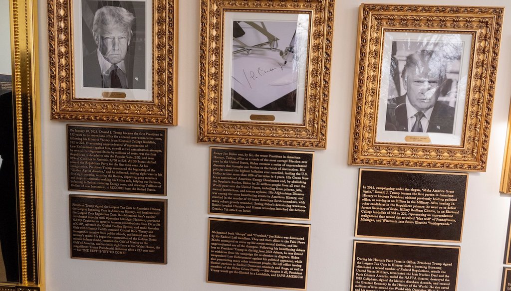 Plaques underneath presidential portraits on the Colonnade at the White House on Dec. 17, 2025. (AP)