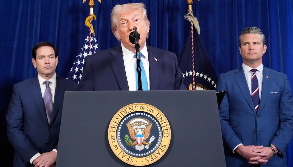 President Donald Trump speaks at his Mar-a-Lago club, Jan. 3, 2026, in Palm Beach, Fla, as Secretary of State Marco Rubio and Defense Secretary Pete Hegseth listen. (AP)