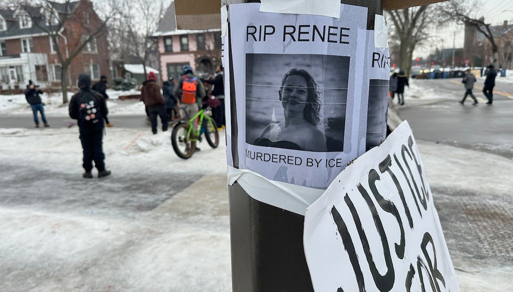 A makeshift memorial honoring the victim of a fatal shooting involving federal law enforcement agents is taped to a post near the site of the previous day's shooting, Jan. 8, 2026, in Minneapolis, Minn. (AP)