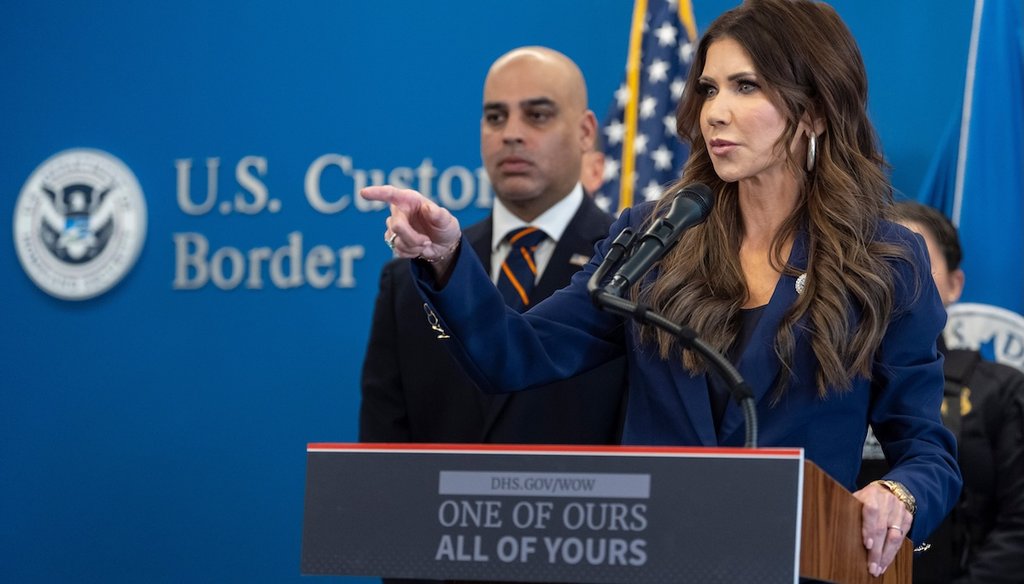 U.S. Homeland Security Secretary Kristi Noem points during a news conference in New York, Jan. 8, 2026. (AP)