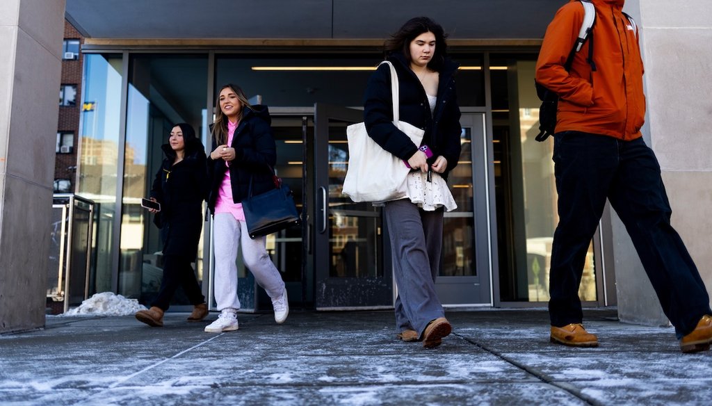 Students walk out of South Quad on the University of Michigan campus in Ann Arbor, Mich., on Jan. 17, 2026. (AP)