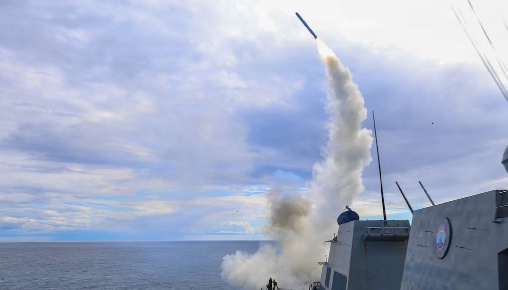 This image provided by U.S. Central Command shows the destroyer USS Thomas Hudner firing a Tomahawk Land Attack Missile in support of Operation Epic Fury on March 1, 2026. (U.S. Navy via AP)