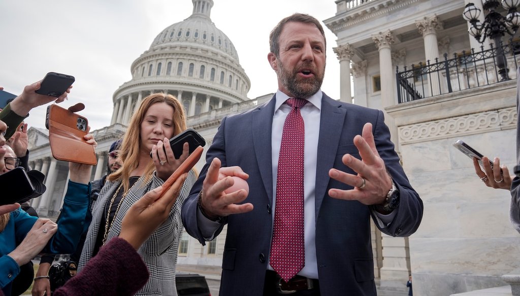 Sen. Markwayne Mullin, R-Okla., speaks with reporters on the steps at the Capitol in Washington, Thursday, March 5, 2026. (AP)
