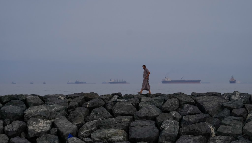 A man walks along the shore as oil tankers and cargo ships line up in the Strait of Hormuz, as seen from Khor Fakkan, United Arab Emirates on March 11, 2026. (AP)