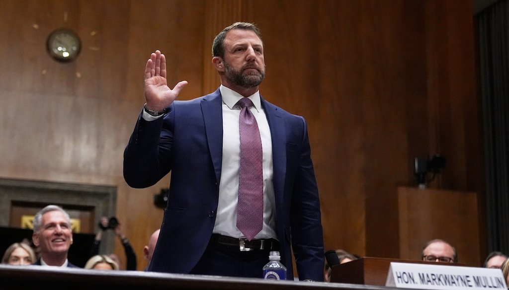 Sen. Markwayne Mullin, R-Okla., President Donald Trump's pick for Homeland Security secretary, is sworn in before testifying during Senate Committee on Homeland Security and Governmental Affairs hearing, March 18, 2026 on Capitol Hill in Washington. (AP)