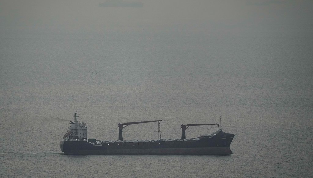 A cargo ship carrying vehicles sails toward the Strait of Hormuz on March 22, 2026. (AP)