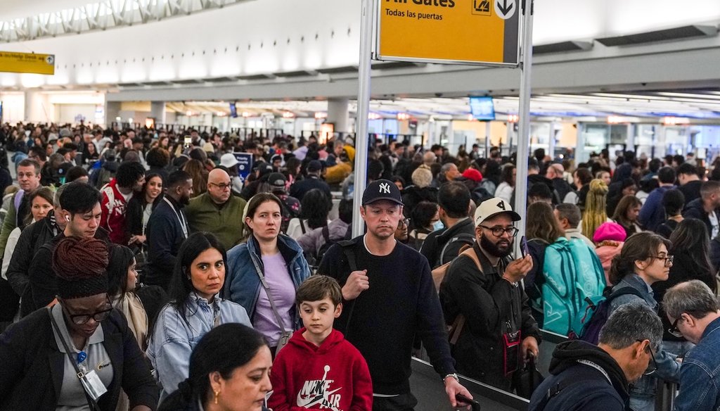 Passengers wait in long TSA screening lines at John F. Kennedy International Airport in New York City on March 23, 2026. (AP)