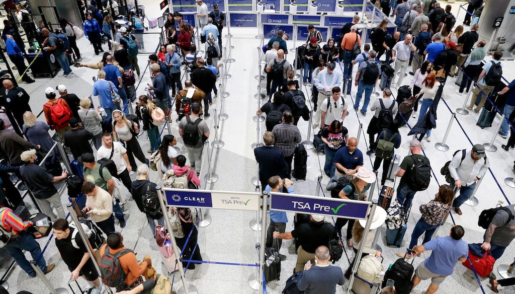 Air travelers progress through the long lines for the TSA security checkpoint in Terminal C at the George Bush Intercontinental Airport, Monday, March 23, 2026, in Houston. (AP)