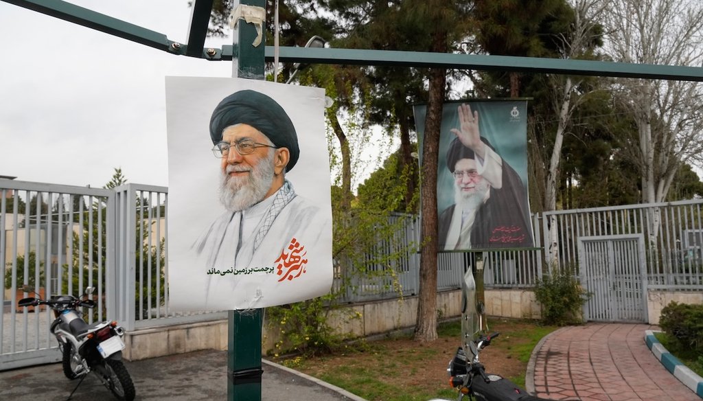 Pictures of the late Iranian Supreme Leader Ayatollah Ali Khamenei hang in front of the Iran University of Science and Technology in Tehran, Iran, on March 31, 2026. (AP)