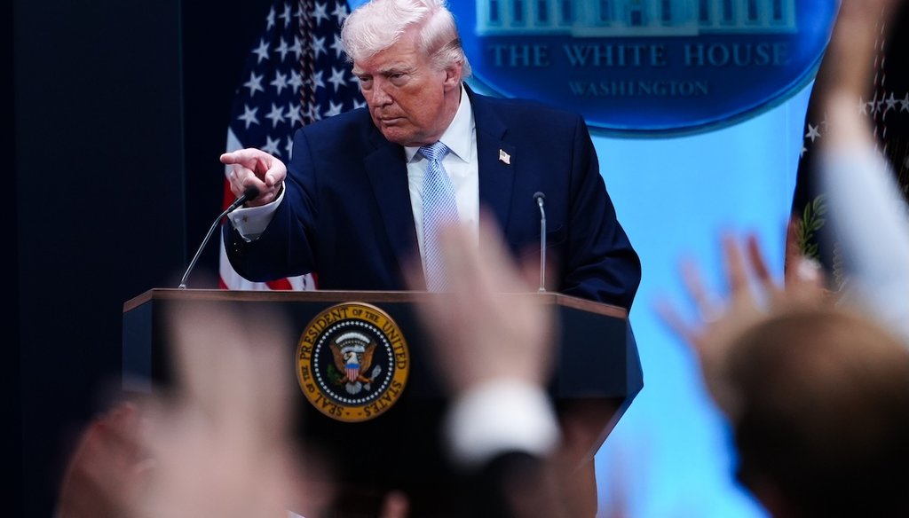 President Donald Trump speaks with reporters in the James Brady Press Briefing Room at the White House, April 6, 2026, in Washington. (AP)