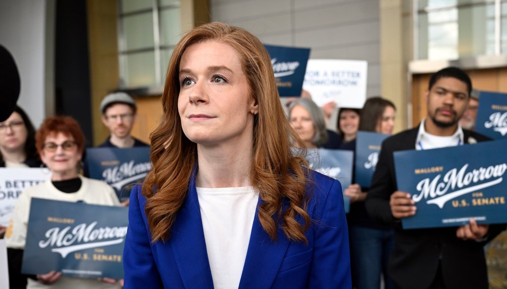 Michigan State Sen. Mallory McMorrow, D-Royal Oak, foreground, a candidate for the U.S. Senate, stands with supporters during the Michigan Democratic Party State Endorsement Convention April 19, 2026, in Detroit. (AP)