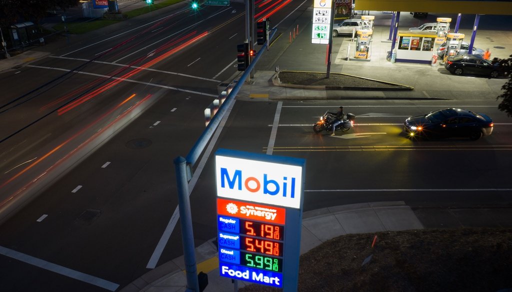 A sign displays regular gasoline at $5.19 a gallon at a Mobil gas station in Portland, Oregon, on April 29, 2026. (AP)