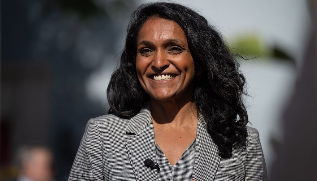 Nithya Raman, a candidate in the Los Angeles mayoral race, smiles during a campaign event discussing tenant protections with renters in Los Angeles, June 1, 2026. (AP)
