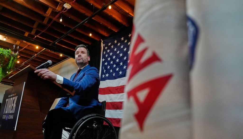 Iowa state Rep. Josh Turek speaks during a primary election night watch party after winning the Democratic nomination for U.S. Senate, June 2, 2026, in Des Moines, Iowa. (AP)