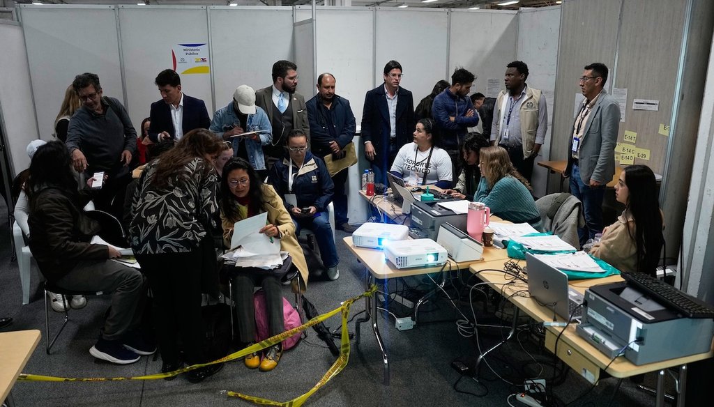 Electoral workers, observers, and party delegates attend the official vote count the day after the presidential election runoff in Bogota, Colombia, June 22, 2026. (AP)