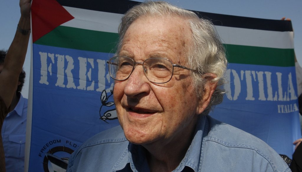 In this Oct. 20, 2012, file photo activist Noam Chomsky stands during a press conference to support the Gaza-bound flotilla in the port of Gaza City. (AP)