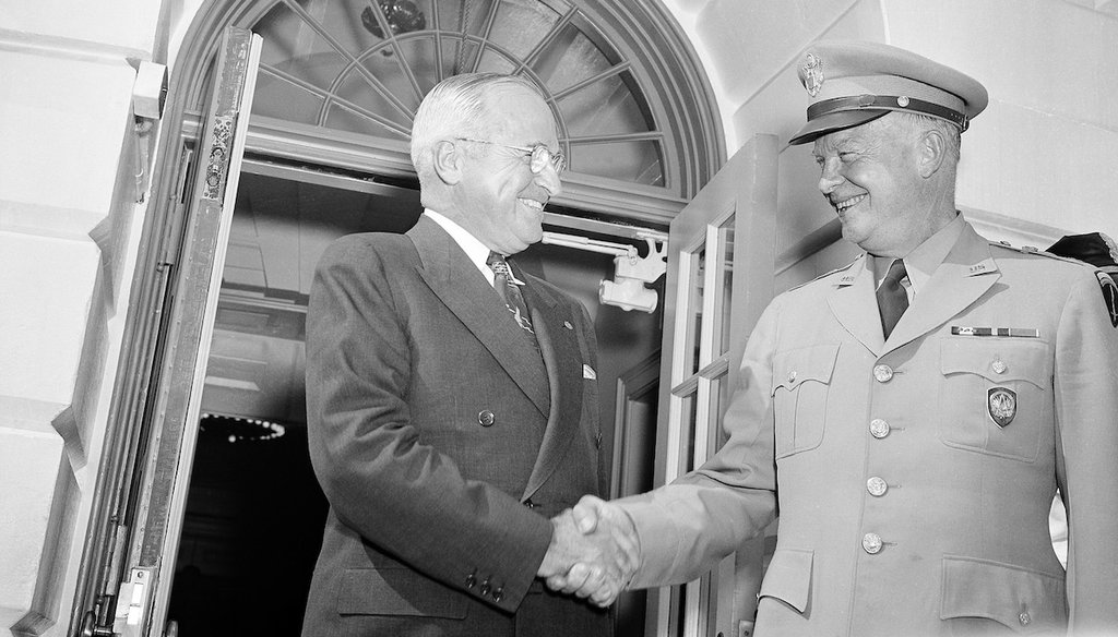 President Harry Truman greets Gen. Dwight Eisenhower at the White House on June 1, 1952. Truman declined to run for a new term; Eisenhower won the election to succeed him later that year. (AP)