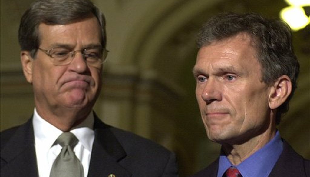 Then-Senate Majority Leader Tom Daschle, D-S.D., and Senate Minority Leader Trent Lott meet with reporters on Capitol Hill on Sept. 14, 2001. (AP)