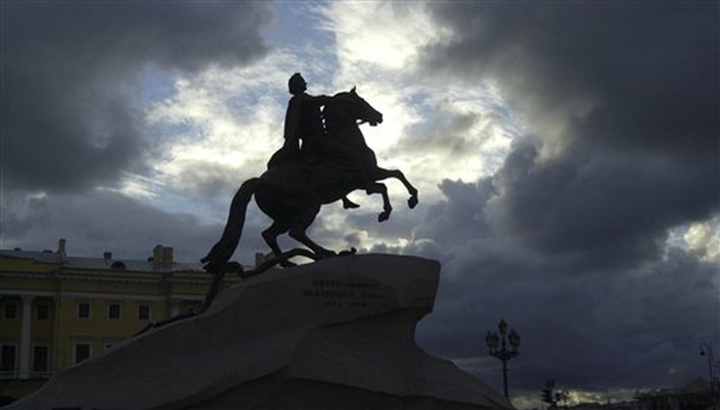 Peter the Great, also known as the Bronze Horseman, by the famous French sculptor Etienne Maurice Falconet is seen in downtown St. Petersburg, Russia, in this 2005 file photo. AP Photo/Dmitry Lovetsky/File)