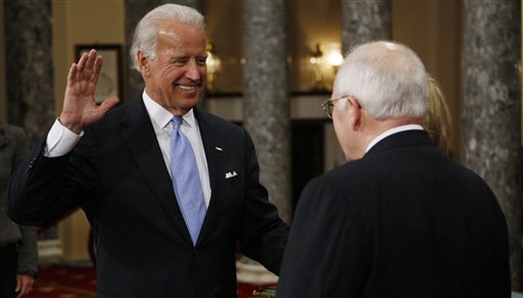 Then-Vice President Dick Cheney, right, administers the Senate oath to Vice President-elect Joe Biden during a ceremonial swearing-in, Jan. 6, 2009, on Capitol Hill. (AP)