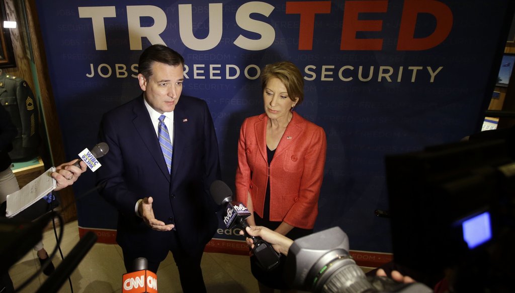 Presidential hopeful Ted Cruz and his running mate Carly Fiorina. Associated Press photo.