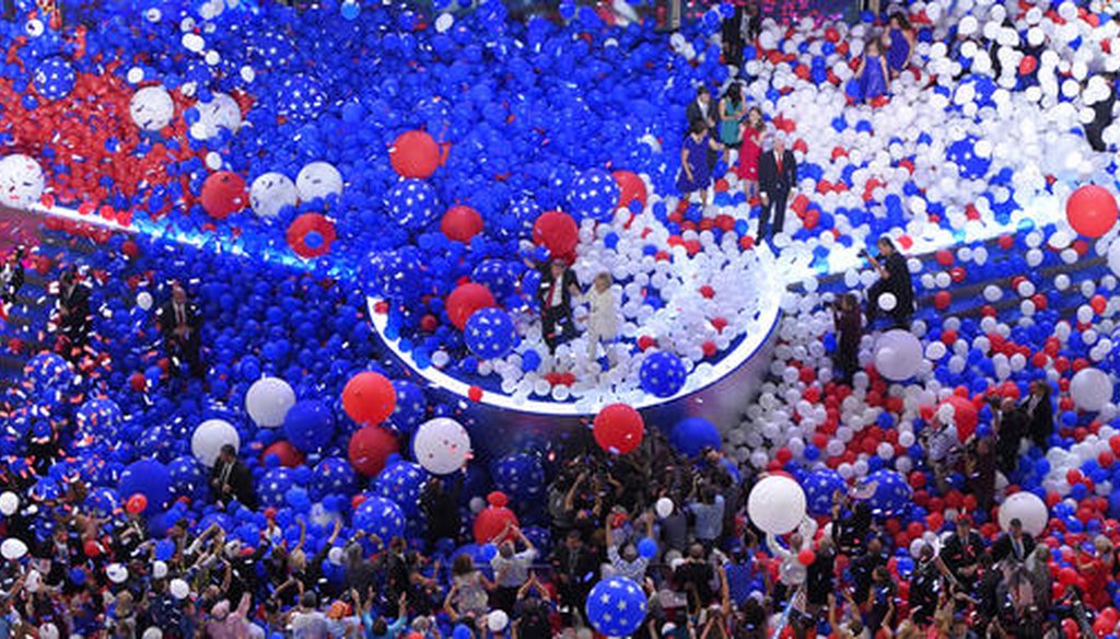 Balloons fall during the final day of the Democratic National Convention in Philadelphia on July 29, 2016. (AP)