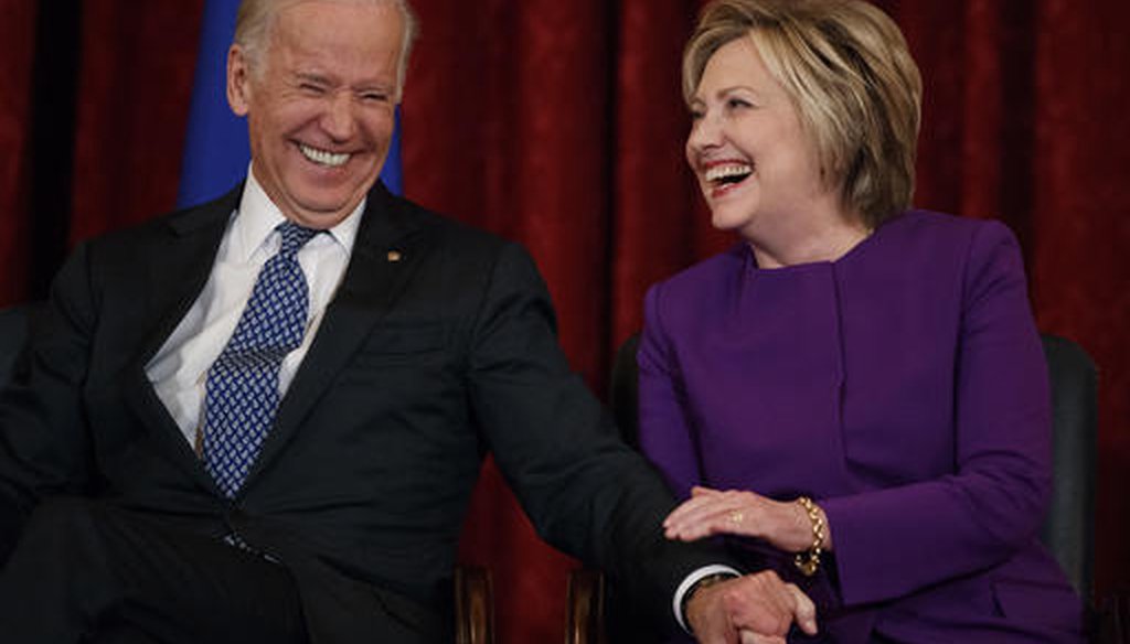 Joe Biden and Hillary Clinton during a ceremony to unveil a portrait of former Senate Minority Leader Harry Reid, D-Nev., on Dec. 8, 2016. (AP)