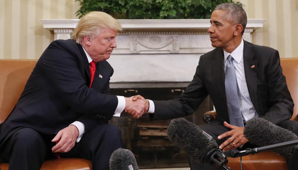 President Barack Obama and President-elect Donald Trump shake hands in the Oval Office on Nov. 10, 2016. (AP)