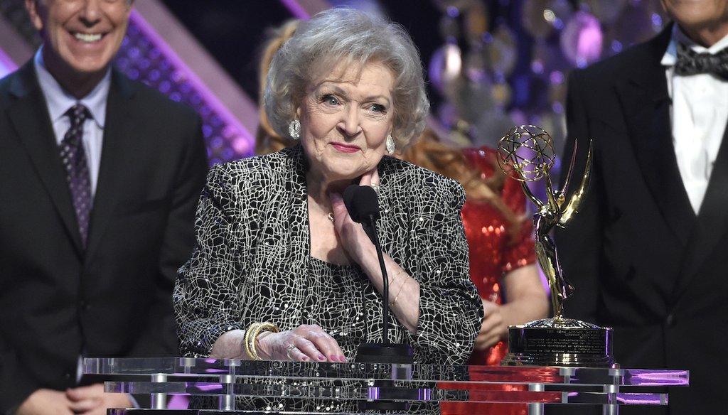 Betty White accepts the lifetime achievement award at the 42nd annual Daytime Emmy Awards at Warner Bros. Studios on April 26, 2015, in Burbank, Calif. (AP)