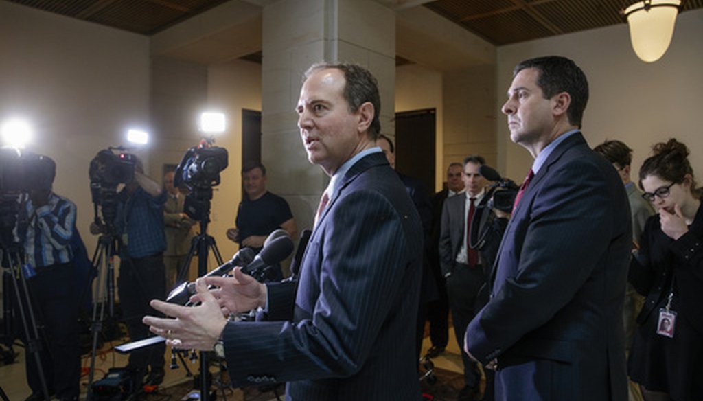 Rep. Adam Schiff, D-Calif., ranking member of the House Intelligence Committee, left, accompanied by Committee Chairman Rep. Devin Nunes, R-Calif., talks to reporters on Capitol Hill in Washington, Thursday, March 2, 2017. (AP Photo/J. Scott Applewhite)