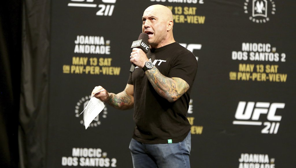 Joe Rogan is seen during a weigh-in before UFC 211 on May 12, 2017, in Dallas before UFC 211. ( AP/Payan)