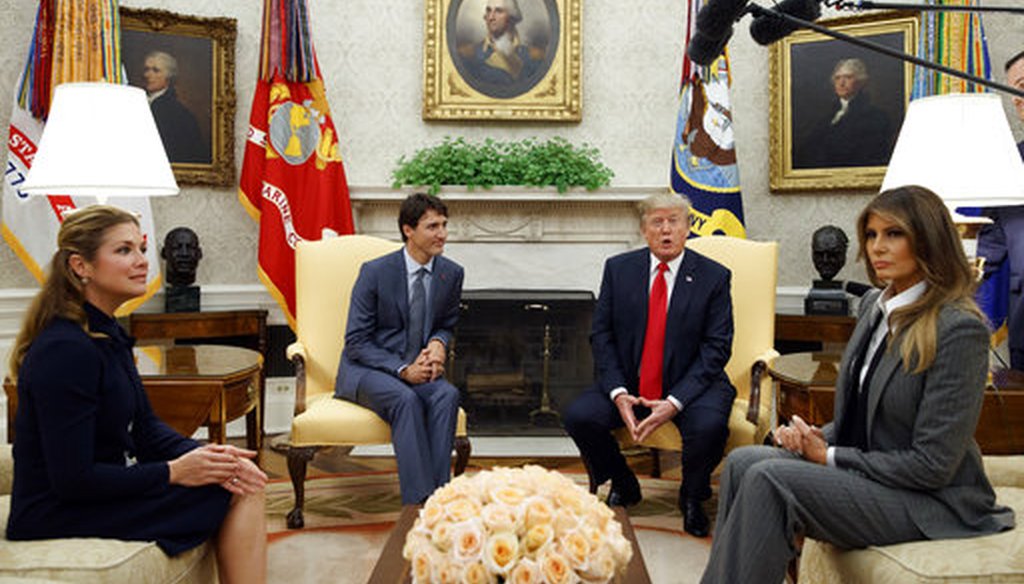 President Donald Trump and first lady Melania Trump welcome Canadian Prime Minister Justin Trudeau and his wife Sophie Gregoire Trudeau to the Oval Office on Oct. 11, 2017. (AP/Evan Vucci)
