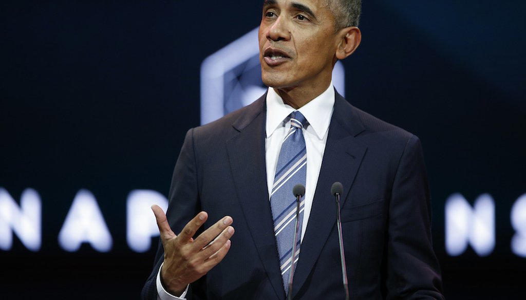 Former president Barack Obama gives a speech in Paris, France on December 2, 2017. (Associated Press)