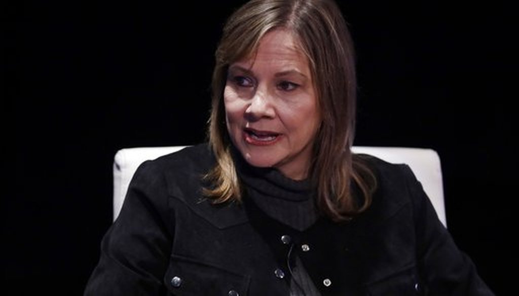 General Motors Chairman and CEO Mary Barra is interviewed by Cox Automotive's Michelle Krebs during an Automotive Press Association event on Dec. 11, 2017, in Detroit. (AP)