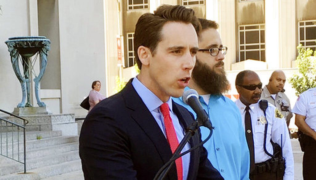 Missouri Attorney General Josh Hawley, who's running for Senate, speaks at a news conference in St. Louis on June 21, 2017. (AP/Jim Salter)