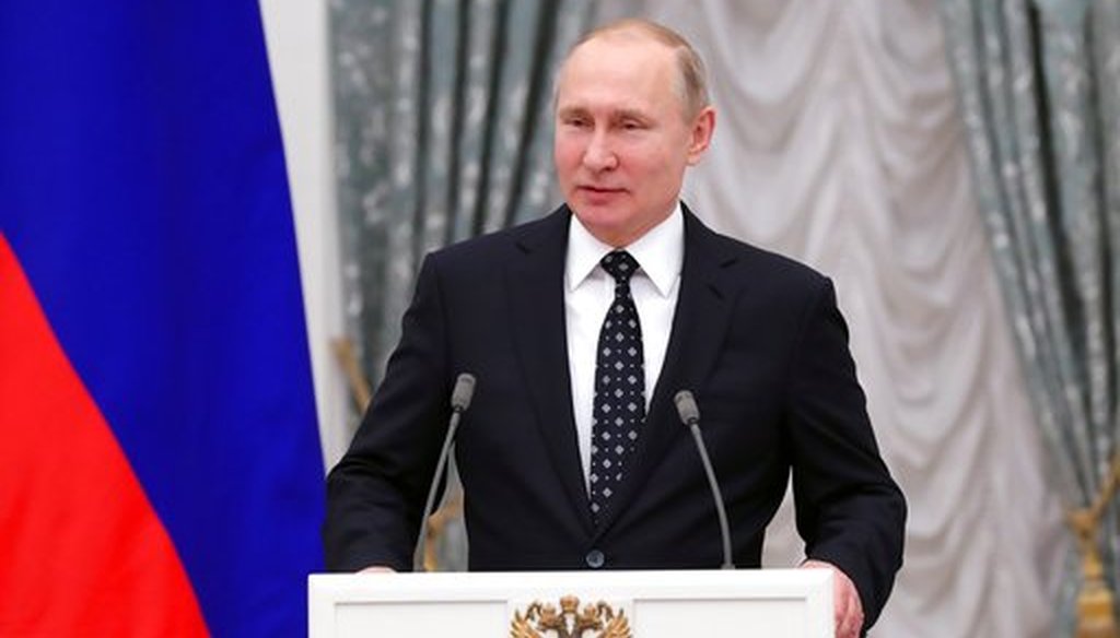 Russian President Vladimir Putin speaks at the Kremlin in Moscow, March 20, 2018. (Mikhail Klimentyev, Sputnik, Kremlin Pool Photo via AP).