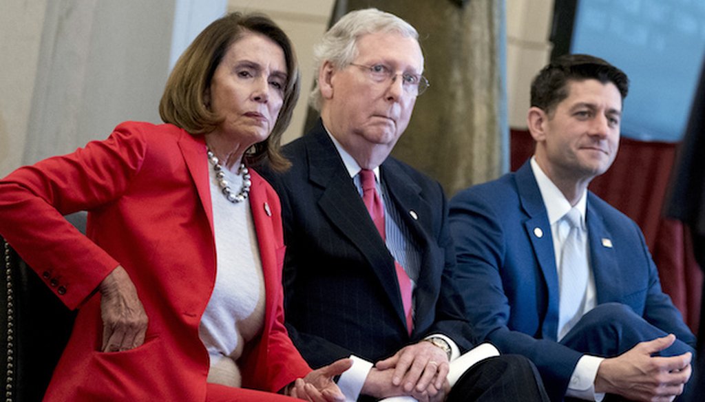 From left, House Minority Leader Nancy Pelosi of Calif., Senate Majority Leader Mitch McConnell of Ky., and House Speaker Paul Ryan of Wis., appear for a Congressional Gold Medal Ceremony. (AP)